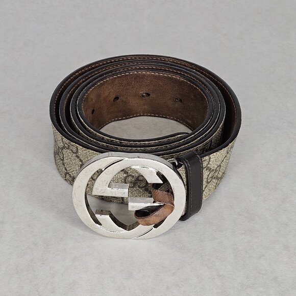 Men's Gucci Supreme GG Canvas Leather Belt 51 Inches Long 1.5" Wide 1 Tear - Picture 1 of 12